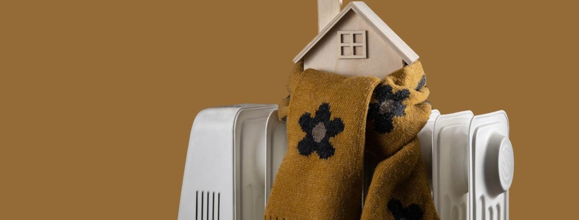 Wrapped in a warm scarf, a symbolic wooden house stands on an electric radiator