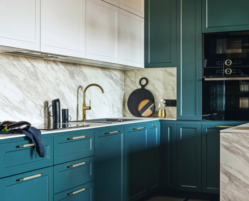 Luxury modern and vintage turquoise and white kitchen