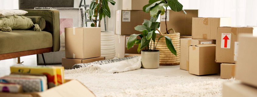 Moving boxes in a living room stock photo